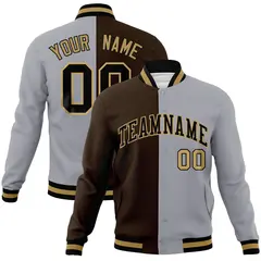 Brown Gray-Black Two Tone Split Varsity Letterman Jacket 1