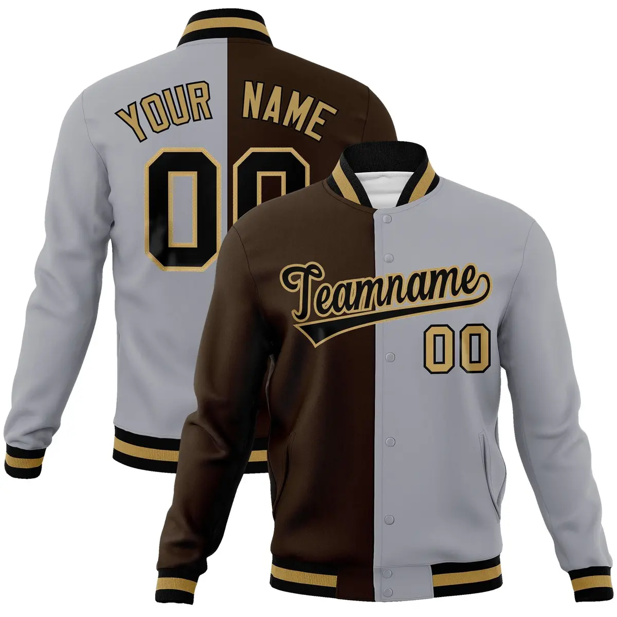 Brown Gray-Black Two Tone Split Varsity Letterman Jacket
