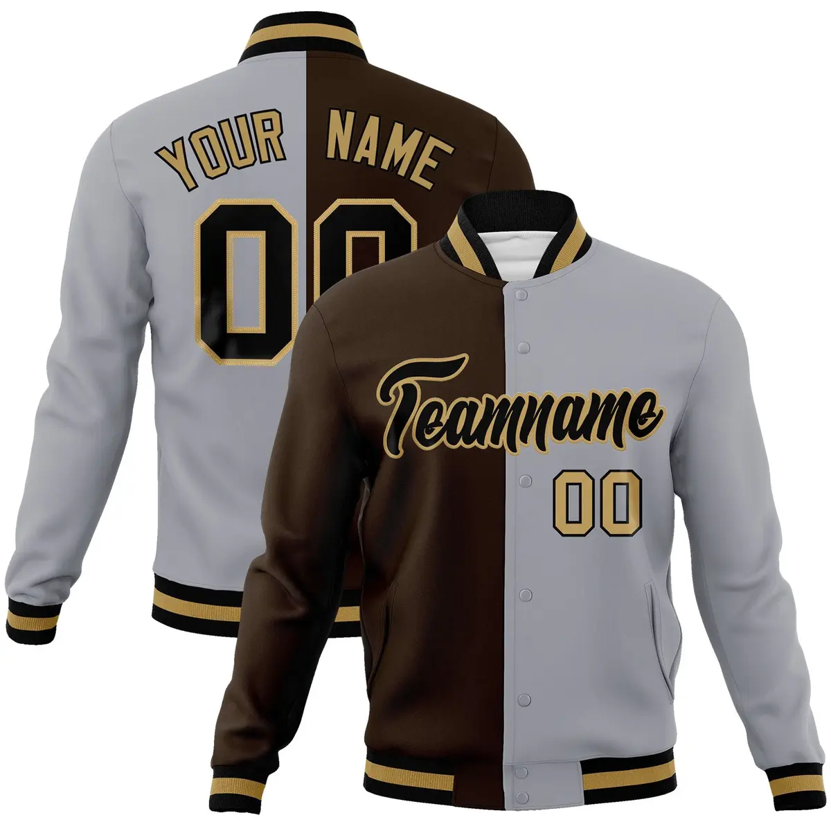 Brown Gray-Black Two Tone Split Varsity Letterman Jacket