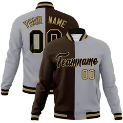Brown Gray-Black Two Tone Split Varsity Letterman Jacket 1