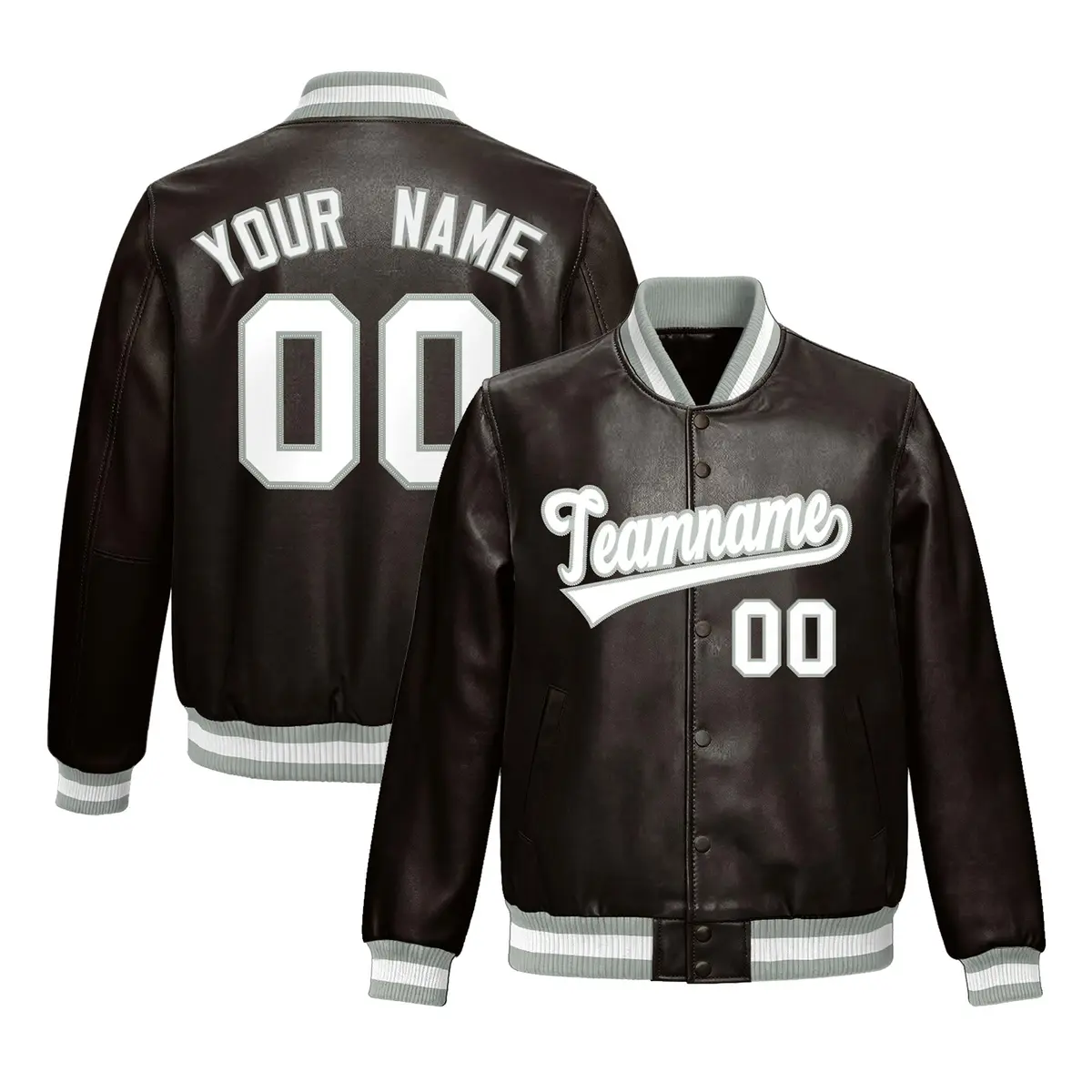 Brown Gray Full-Snap Varsity Faux Leather Letterman Jacket