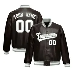 Brown Gray Full-Snap Varsity Faux Leather Letterman Jacket 1