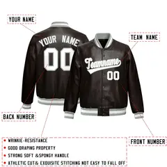 Brown Gray Full-Snap Varsity Faux Leather Letterman Jacket 2