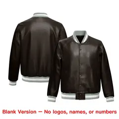 Brown Gray Full-Snap Varsity Faux Leather Letterman Jacket 6