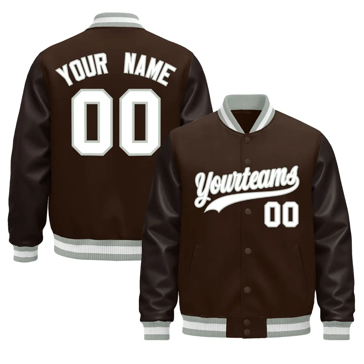 Brown Gray White Varsity Jacket with Faux Leather Sleeves