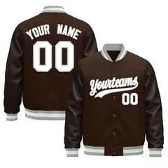 Brown Gray White Varsity Jacket with Faux Leather Sleeves 1