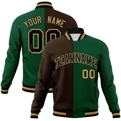 Brown Green-Black Two Tone Split Varsity Full-Snap Letterman Jacket