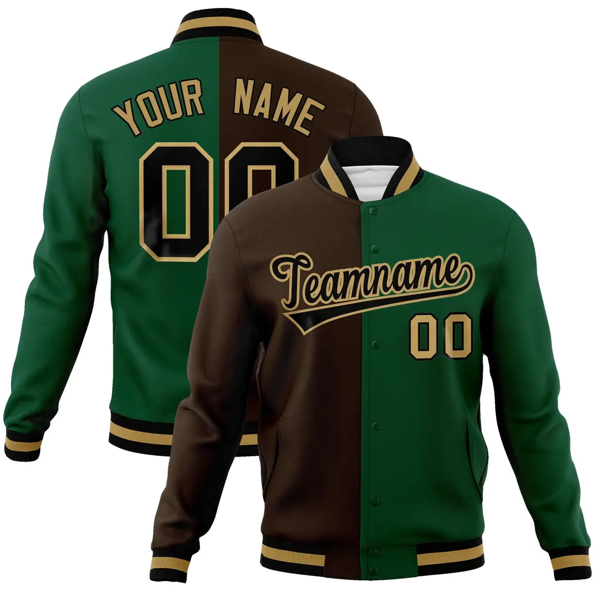 Brown Green-Black Two Tone Split Varsity Full-Snap Letterman Jacket