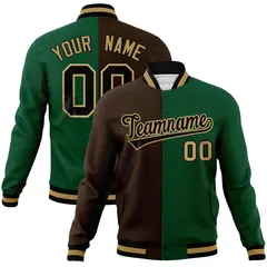 Brown Green-Black Two Tone Split Varsity Full-Snap Letterman Jacket