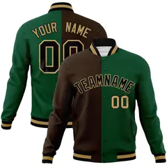 Brown Green-Black Two Tone Split Varsity Full-Snap Letterman Jacket 1