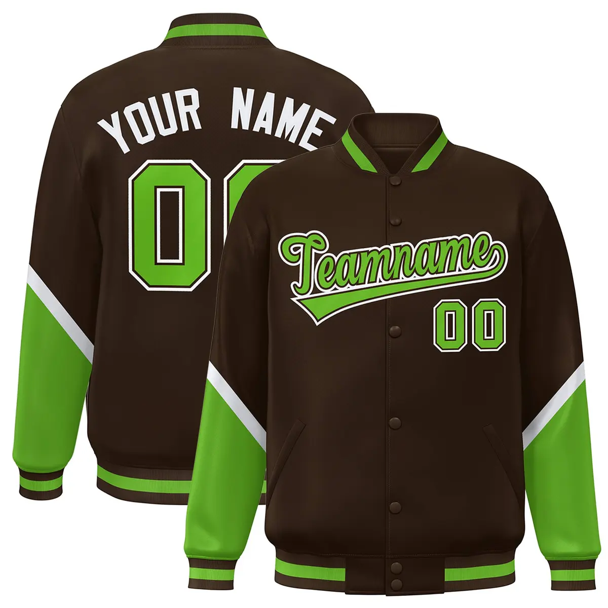 Brown Green Color Block Full-Snap Varsity Letterman Baseball Jacket