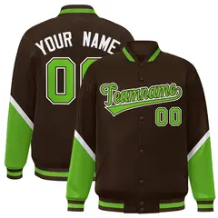 Brown Green Color Block Full-Snap Varsity Letterman Baseball Jacket