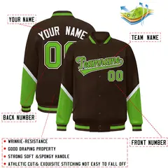 Brown Green Color Block Full-Snap Varsity Letterman Baseball Jacket 2