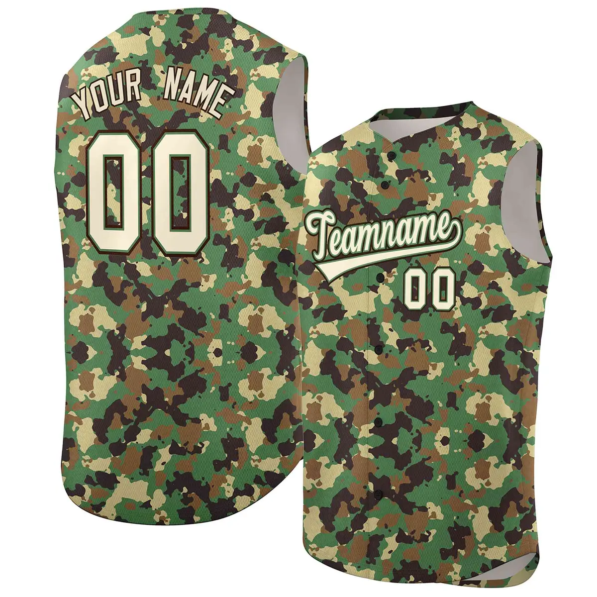 Brown Green-Cream Camo Sleeveless Baseball Jersey