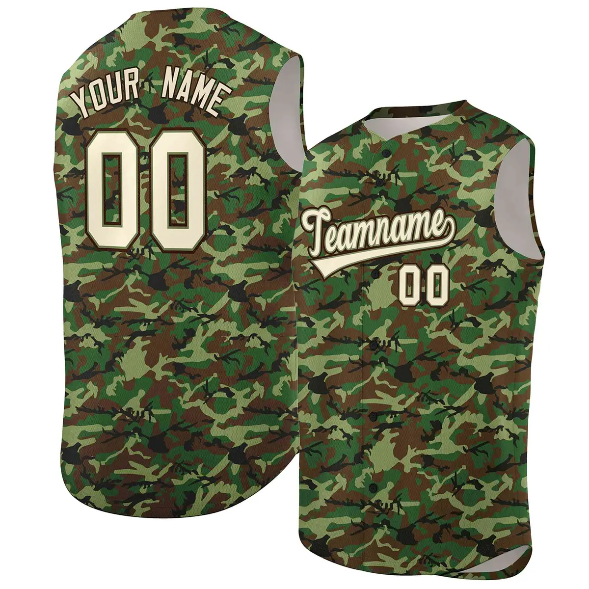 Brown Green-Cream Camo Sleeveless Baseball Jersey