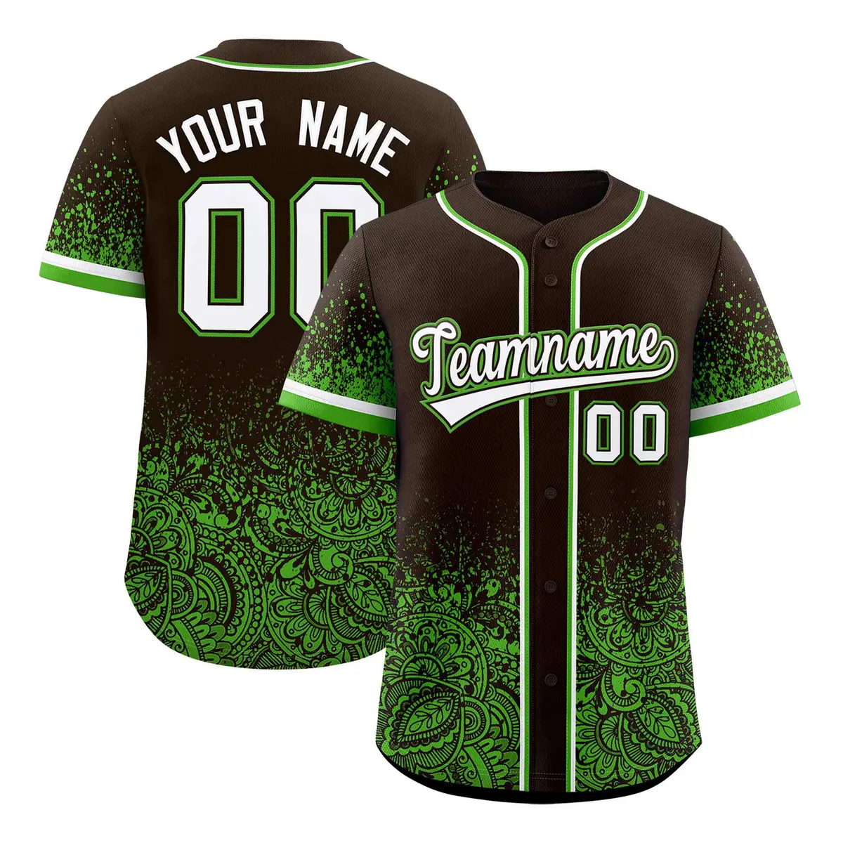 Brown Green Floral Gradient Full Button Baseball Jersey