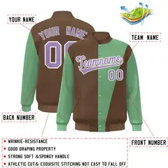 Brown Green-Purple Color Block Full-Snap Bomber Jacket 2