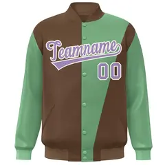 Brown Green-Purple Color Block Full-Snap Bomber Jacket 3