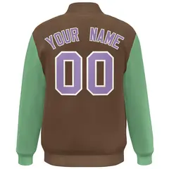Brown Green-Purple Color Block Full-Snap Bomber Jacket 4