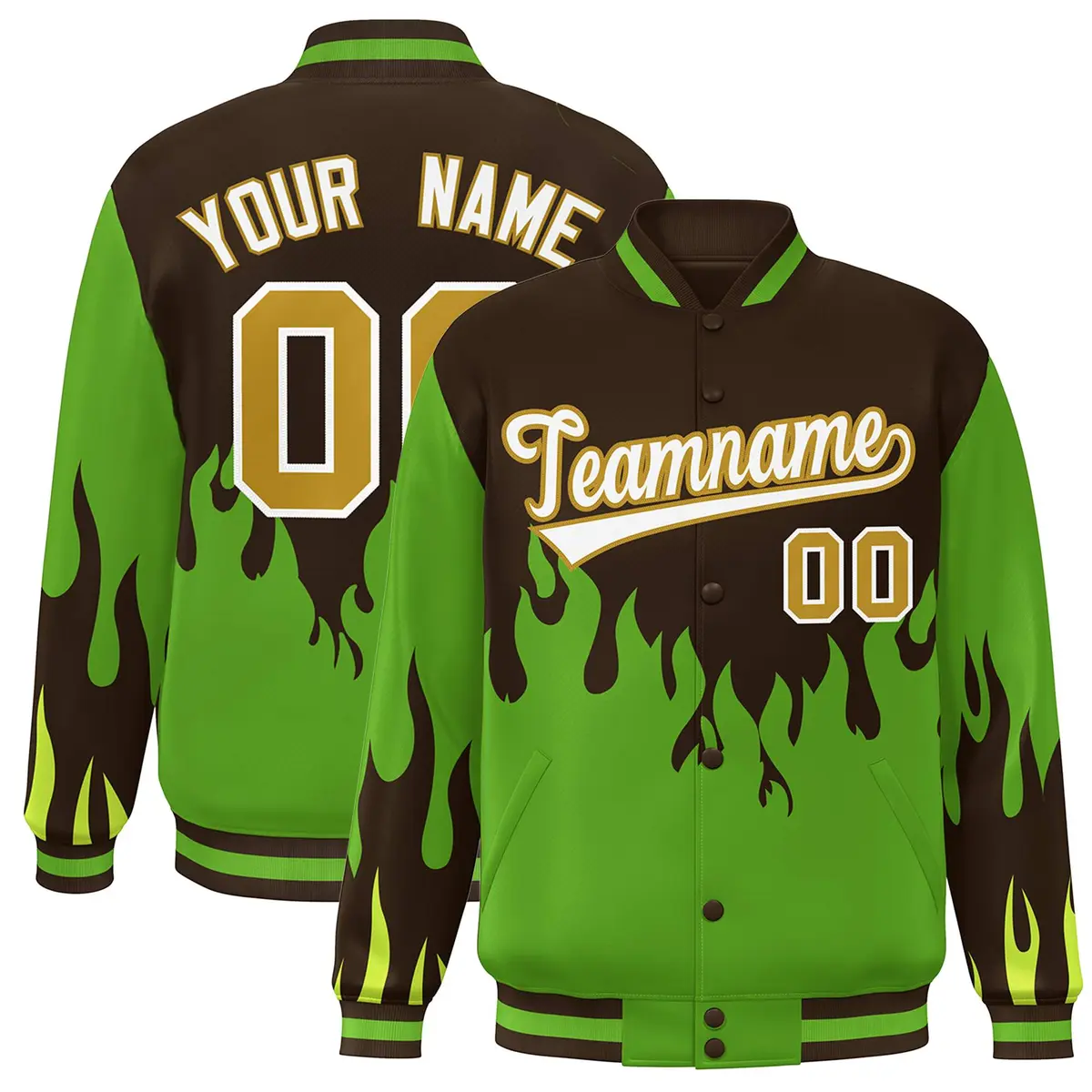 Brown Green-White Flame Graffiti Varsity Full-Snap Jacket