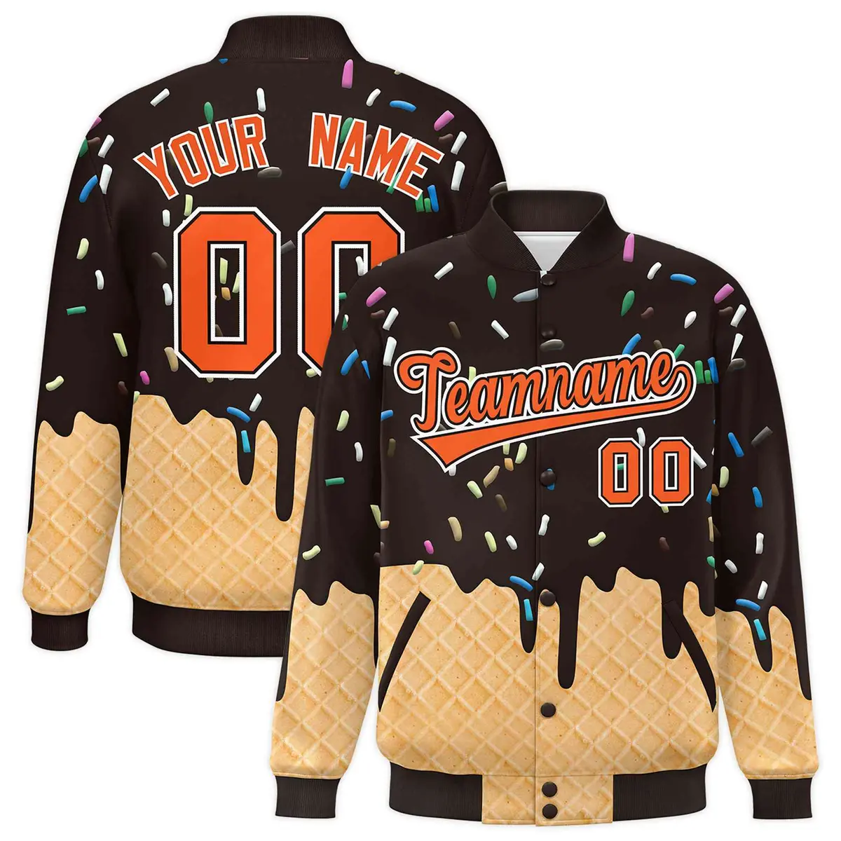 Brown Ice Cream Cone Graffiti Full-Snap Varsity Letterman Jacket