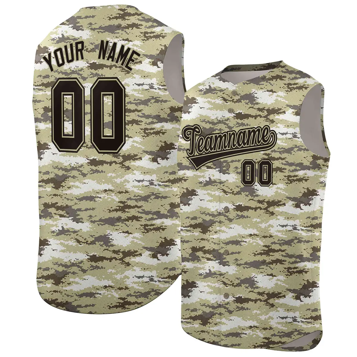 Brown Khaki-Black Camo Sleeveless Baseball Jersey
