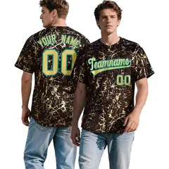 Brown Khaki Black & Gold Marble Print Streetwear Baseball Jersey 1