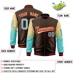 Brown Khaki-Bright Green Gradient Raglan Varsity Full-Zip Letterman Bomber Jacket 2