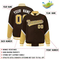 Brown Khaki Color Block Full-Snap Varsity Letterman Baseball Jacket 2