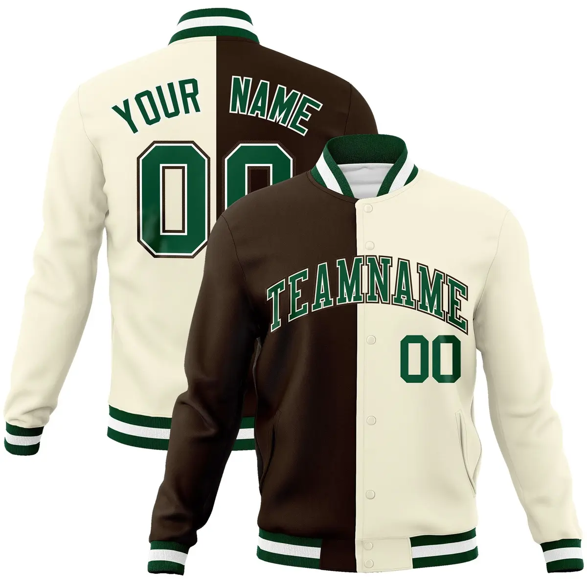 Brown Khaki-Green Two Tone Split Varsity Letterman Jacket