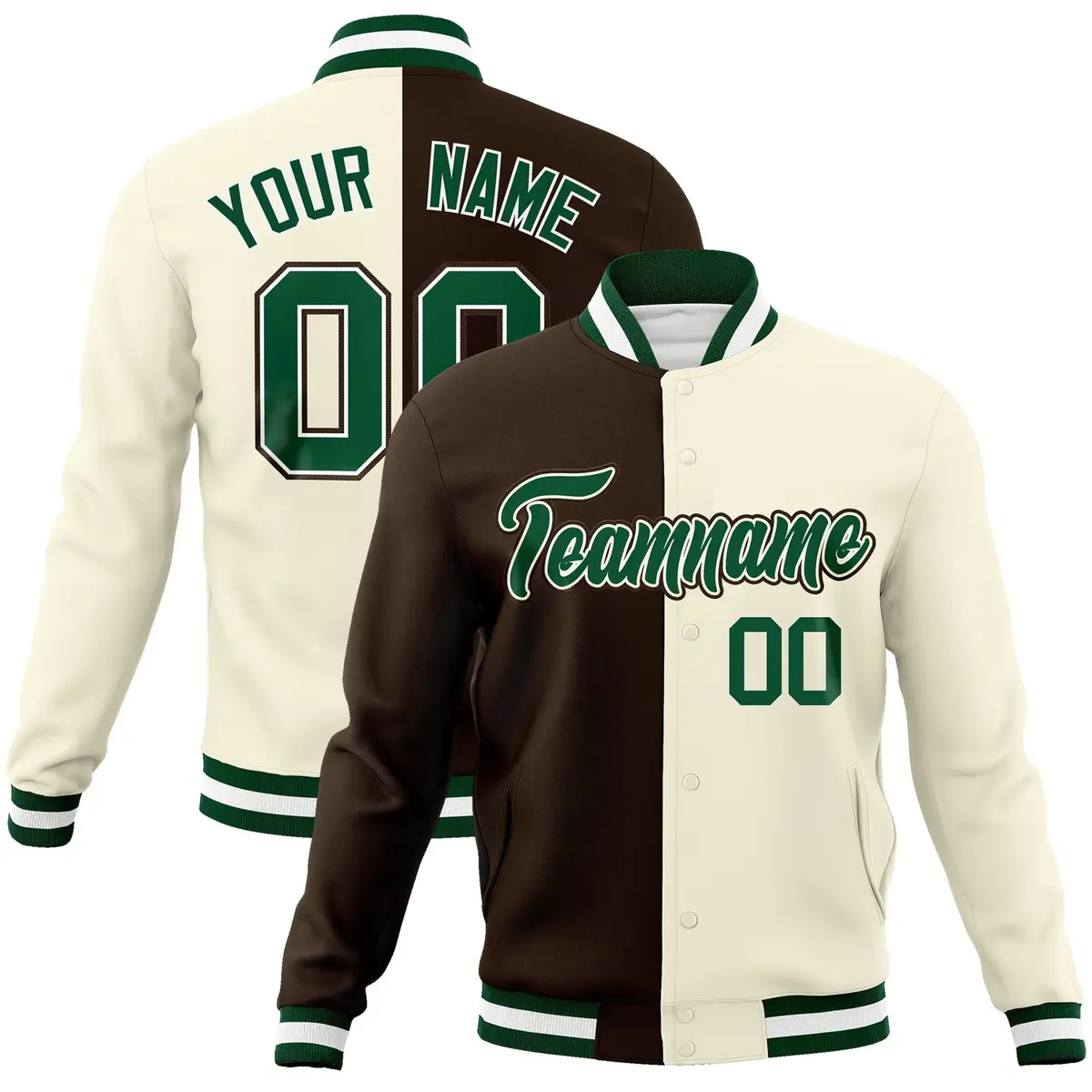 Brown Khaki-Green Two Tone Split Varsity Letterman Jacket