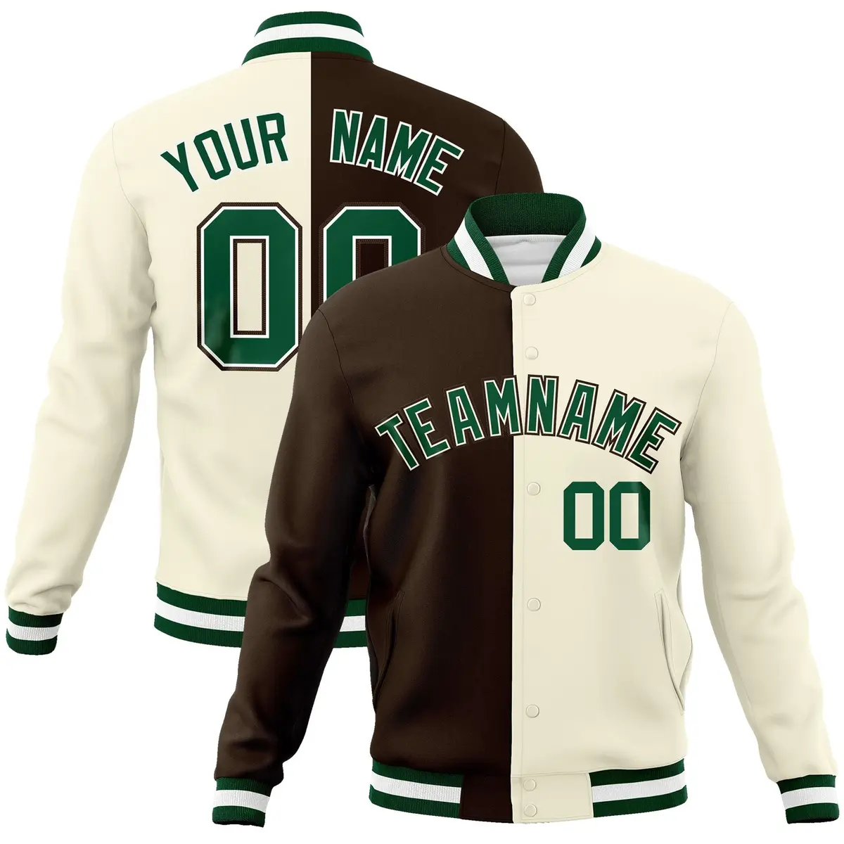 Brown Khaki-Green Two Tone Split Varsity Letterman Jacket
