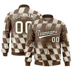 Brown Khaki Grid Color Block Letterman Varsity Bomber Jacket