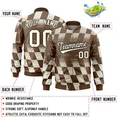Brown Khaki Grid Color Block Letterman Varsity Bomber Jacket 2
