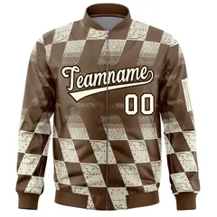 Brown Khaki Grid Color Block Letterman Varsity Bomber Jacket 3