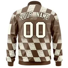Brown Khaki Grid Color Block Letterman Varsity Bomber Jacket 4