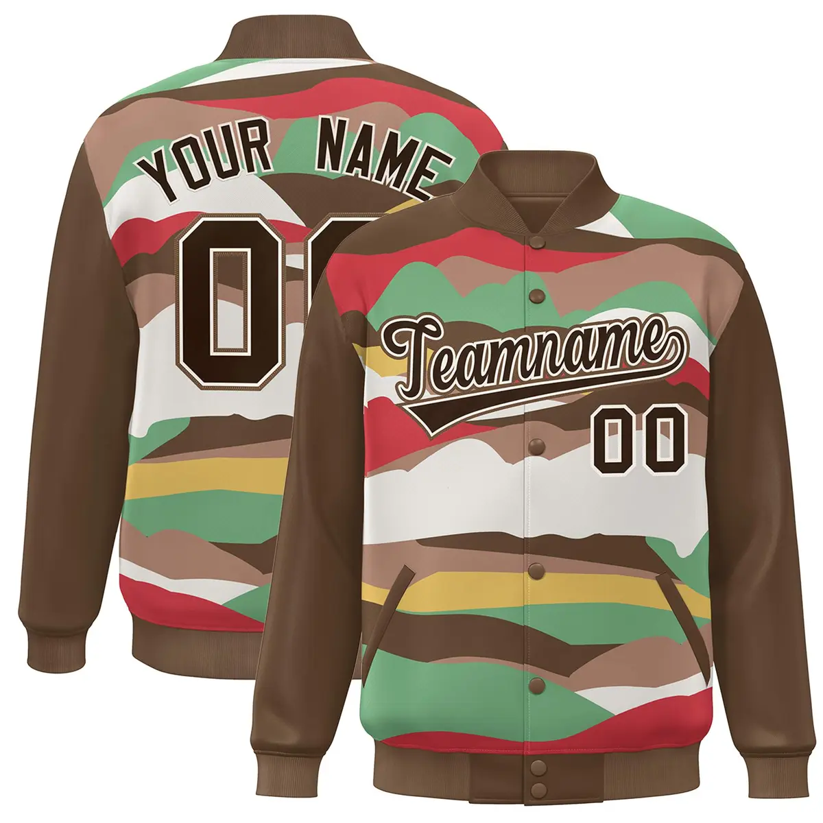 Brown Khaki Multi Clouds Graffiti Varsity Full-Snap Jacket
