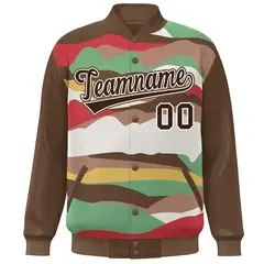 Brown Khaki Multi Clouds Graffiti Varsity Full-Snap Jacket 3
