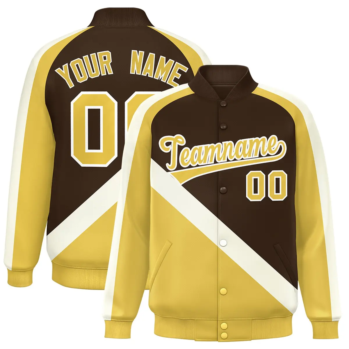 Brown Khaki Raglan Varsity Full-Snap Letterman Baseball Jacket