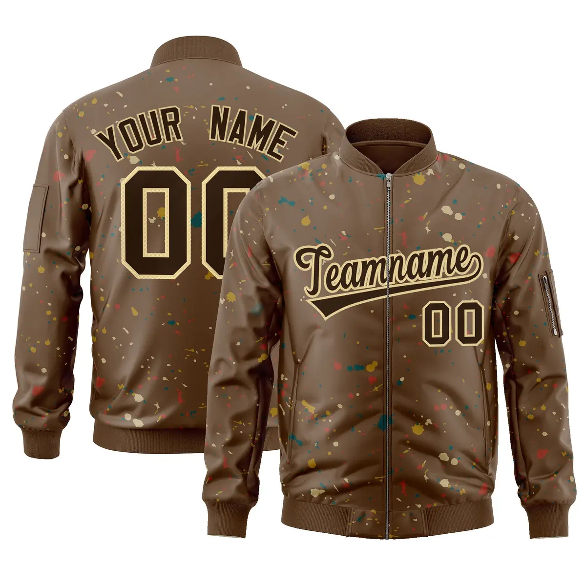 Brown Khaki Splash Graffiti Full-Zip Letterman Jacket