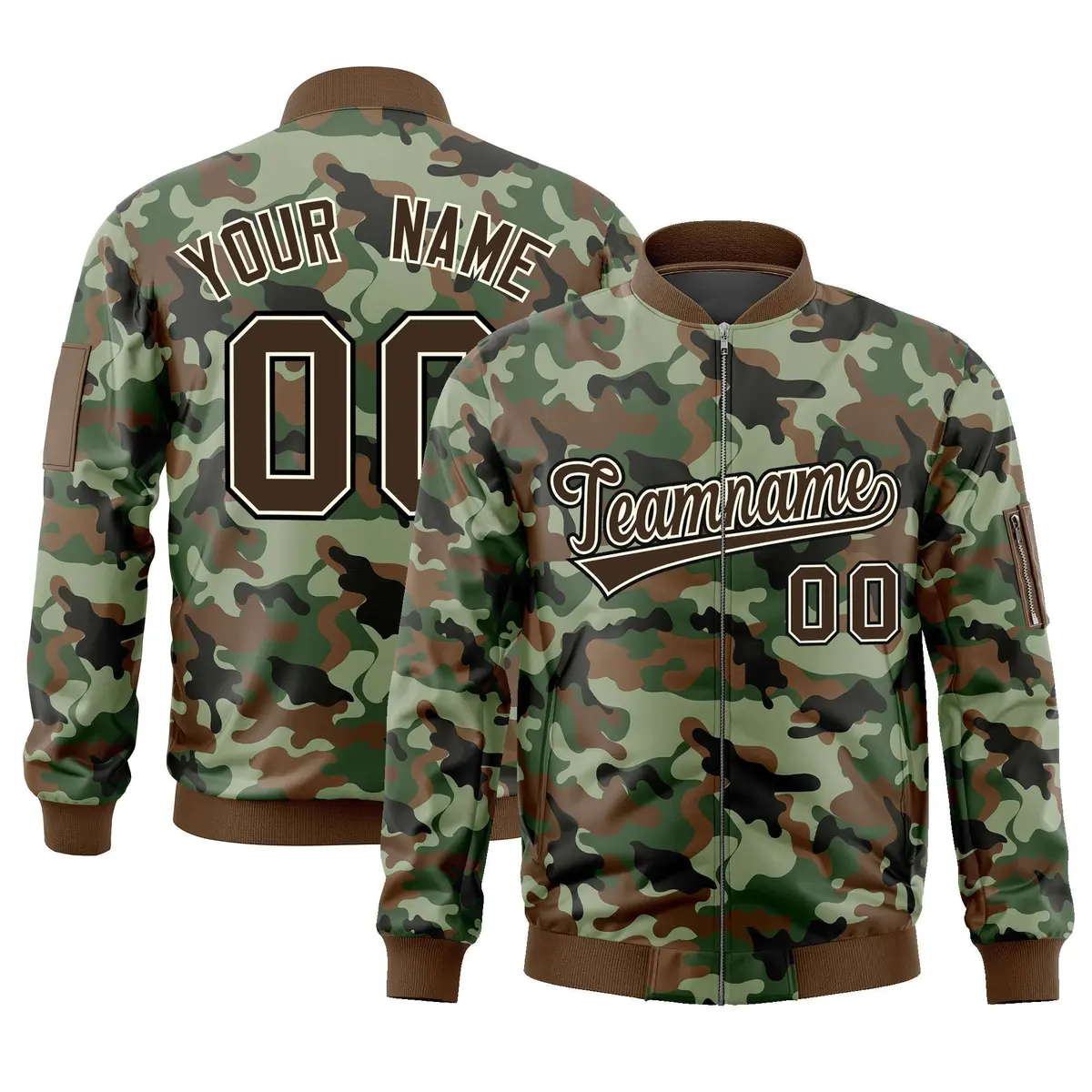 Brown Khaki Varsity Full-Zip Camo Letterman Bomber Jacket