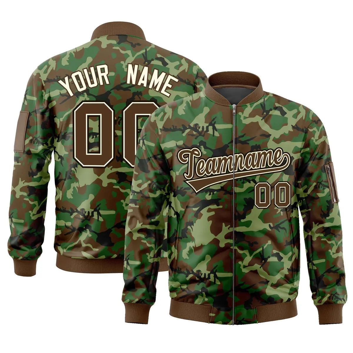 Brown Khaki Varsity Full-Zip Camo Letterman Bomber Jacket