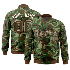 Brown Khaki Varsity Full-Zip Camo Letterman Bomber Jacket
