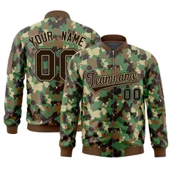 Brown Khaki Varsity Full-Zip Camo Letterman Bomber Jacket
