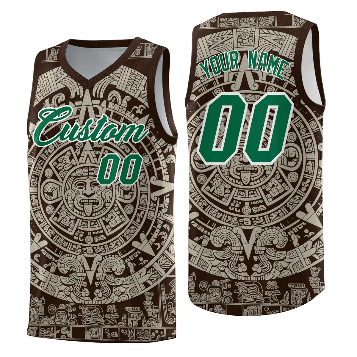 Brown Light Khaki Aztec Sun Stone Graffiti Drapable Basketball Jersey