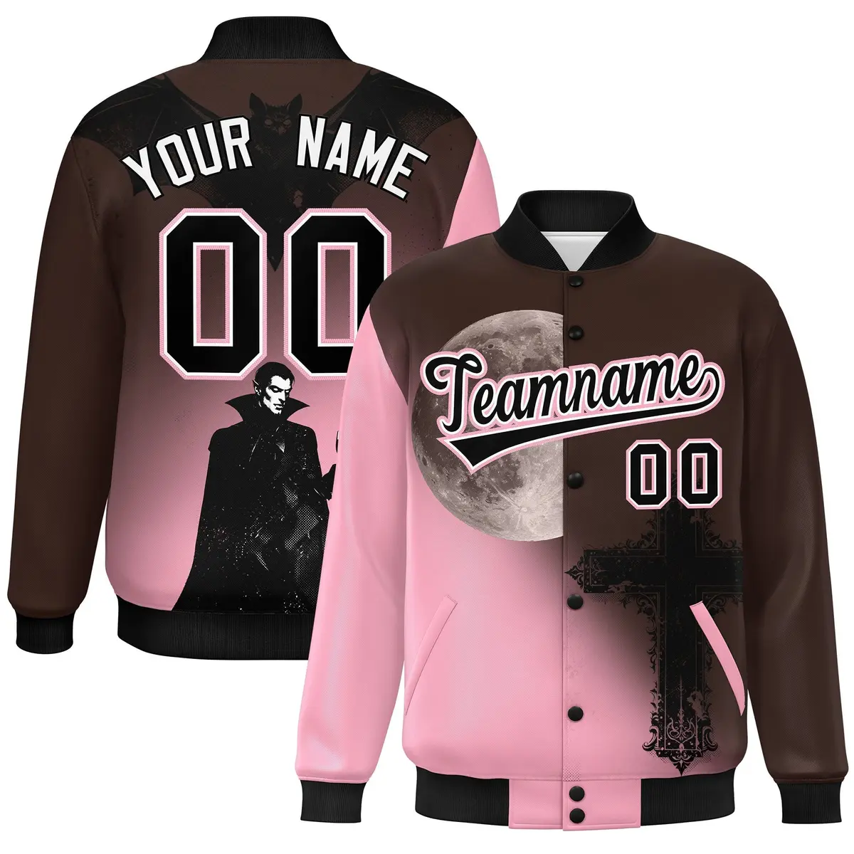 Brown Light Pink Black Halloween Skeleton Graffiti Varsity Jacket