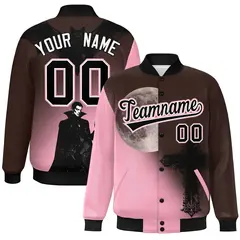 Brown Light Pink Black Halloween Skeleton Graffiti Varsity Jacket