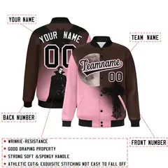 Brown Light Pink Black Halloween Skeleton Graffiti Varsity Jacket 2