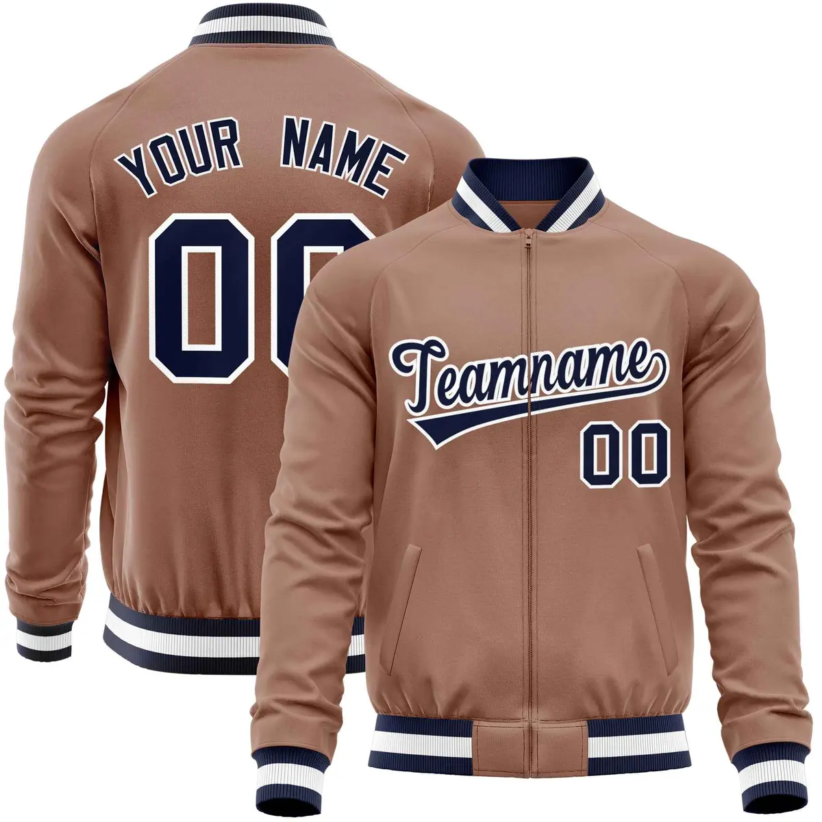 Brown Navy Full-Zip Varsity Letterman Baseball Jacket