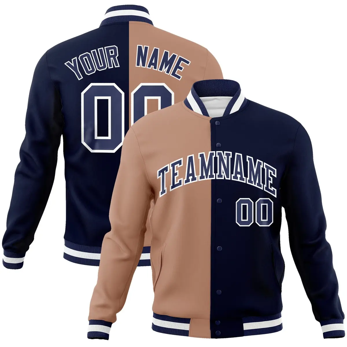 Brown Navy Two Tone Split Full-Snap Varsity Letterman Jacket